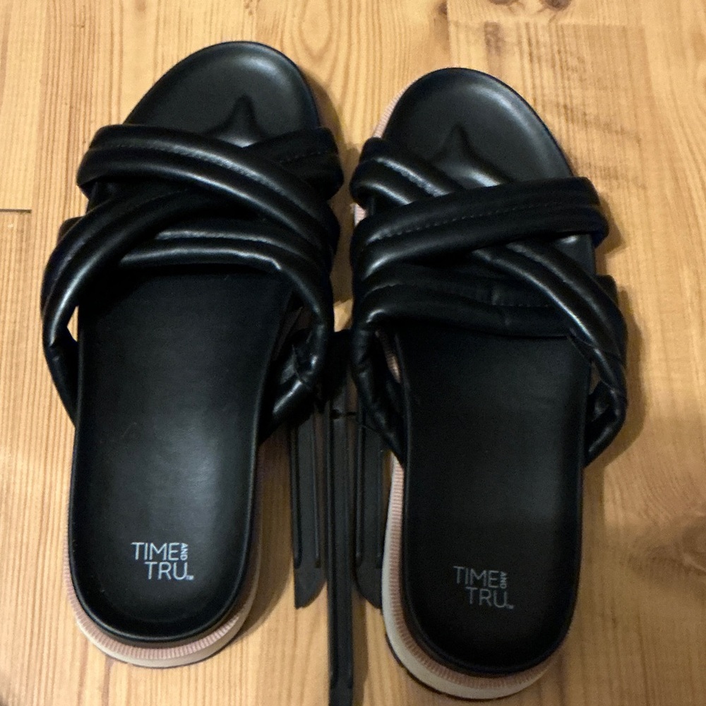 Time and Tru Black Padded Cross-Strap Slide Sandals with Tan Accent